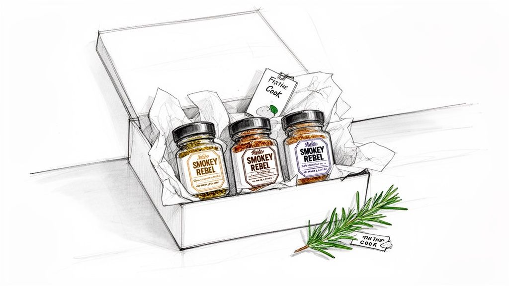A hand-drawn sketch of an open gift box containing three "Smokey Rebel" spice jars and a rosemary sprig.