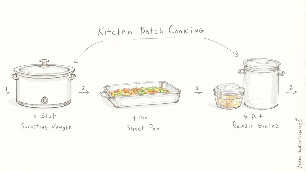 Illustration of kitchen batch cooking setup with a slow cooker, sheet pan, and pots.