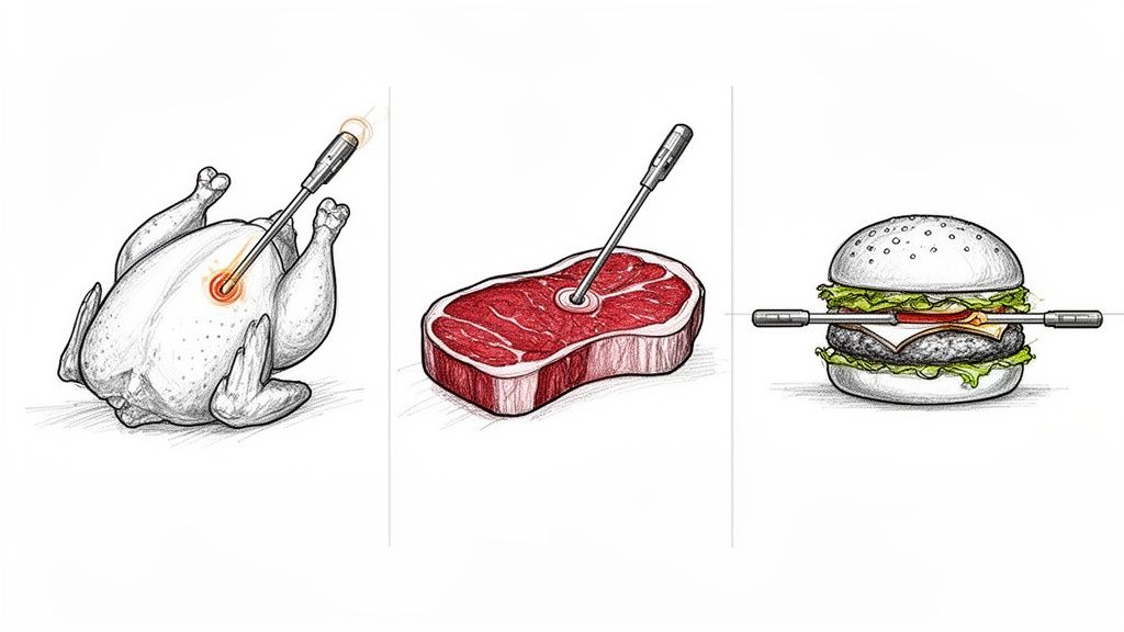 Three illustrations demonstrating the proper placement of a meat thermometer in chicken, steak, and a burger.