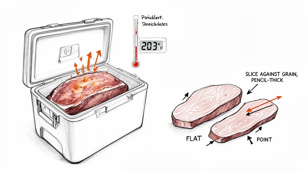 Diagram showing a cooked brisket resting in a cooler at 203°F, and how to slice it against the grain for tenderness.