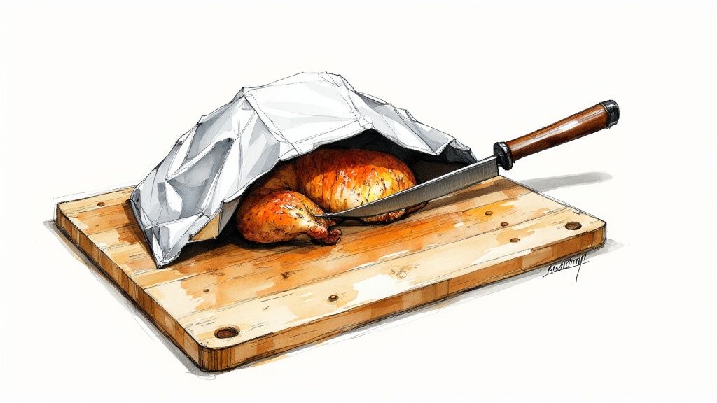 Perfectly sliced smoked chicken breast fanned out on a wooden board.