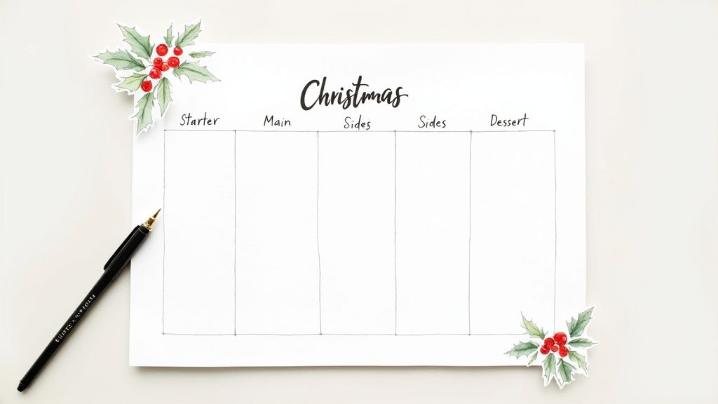 A Christmas meal planner with headings for starter, main, sides, and dessert, decorated with holly, next to a black pen.