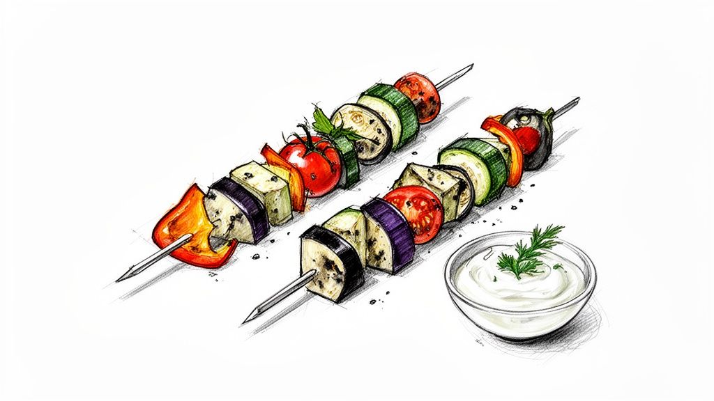 An illustration of two grilled vegetable skewers featuring peppers, eggplant, zucchini, and tomatoes, with a creamy dip.