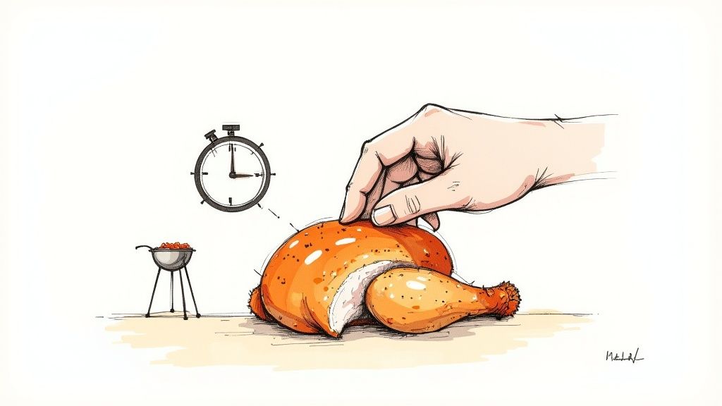 A close-up of beautifully grilled jerk chicken, showing the crispy skin and seasoning.