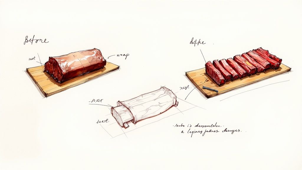 A rack of perfectly smoked beef ribs being sliced on a wooden cutting board.