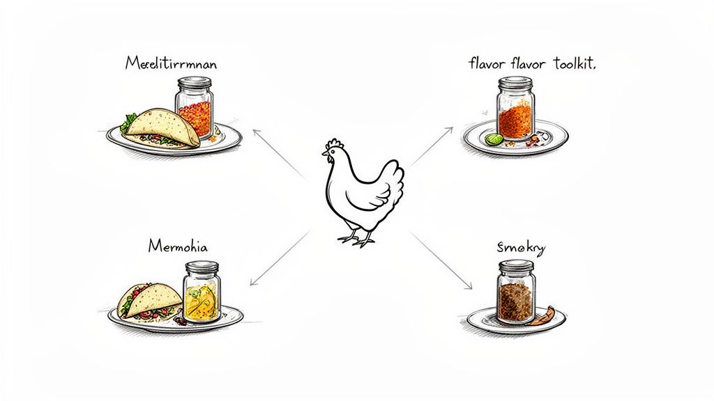 Illustration of a chicken with four distinct flavor profiles: Merelitirrmnan, flavor toolkit, Mermohia, and Smoky.