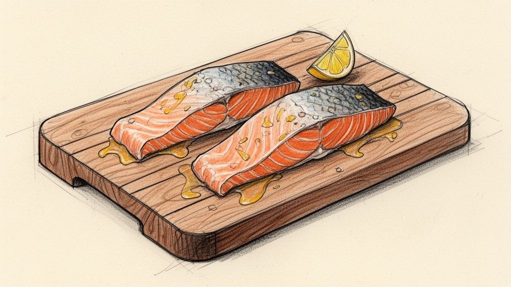 Two fresh salmon fillets with skin, drizzled with oil and a lemon wedge, on a wooden cutting board.