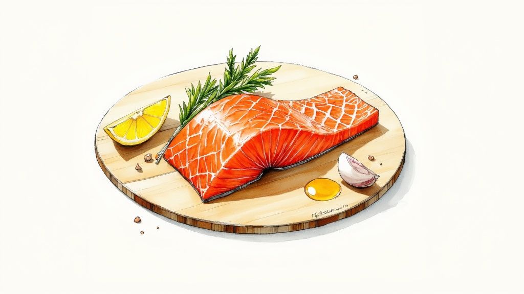 A perfectly marinated and cooked salmon fillet being flaked with a fork, garnished with fresh herbs and lemon.