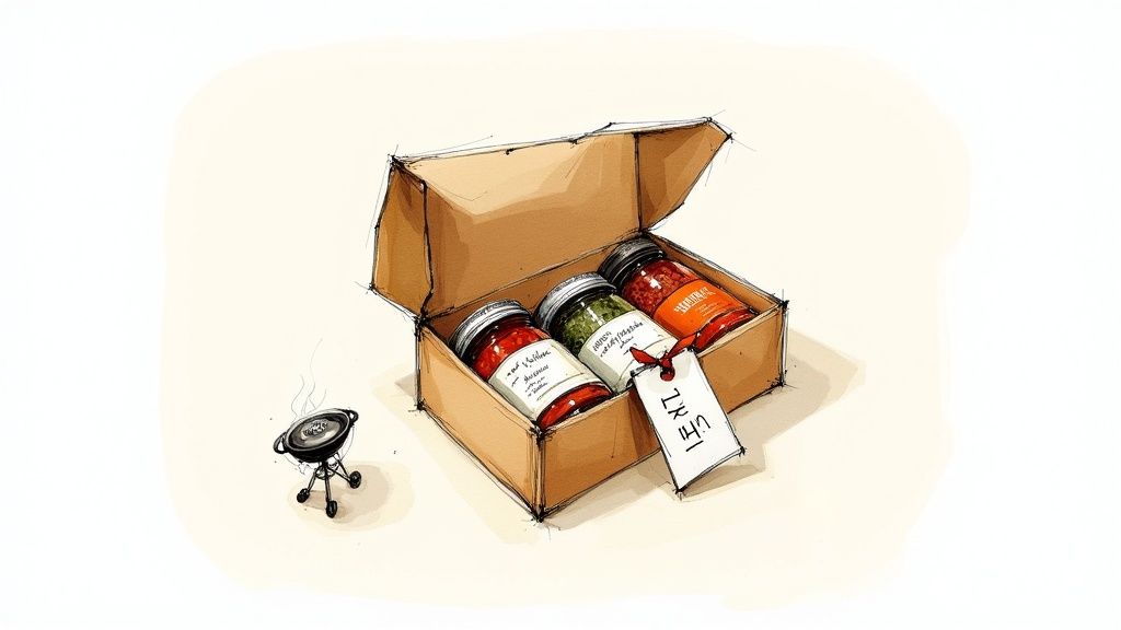 A man happily grilling outdoors with an array of spices and seasonings nearby.