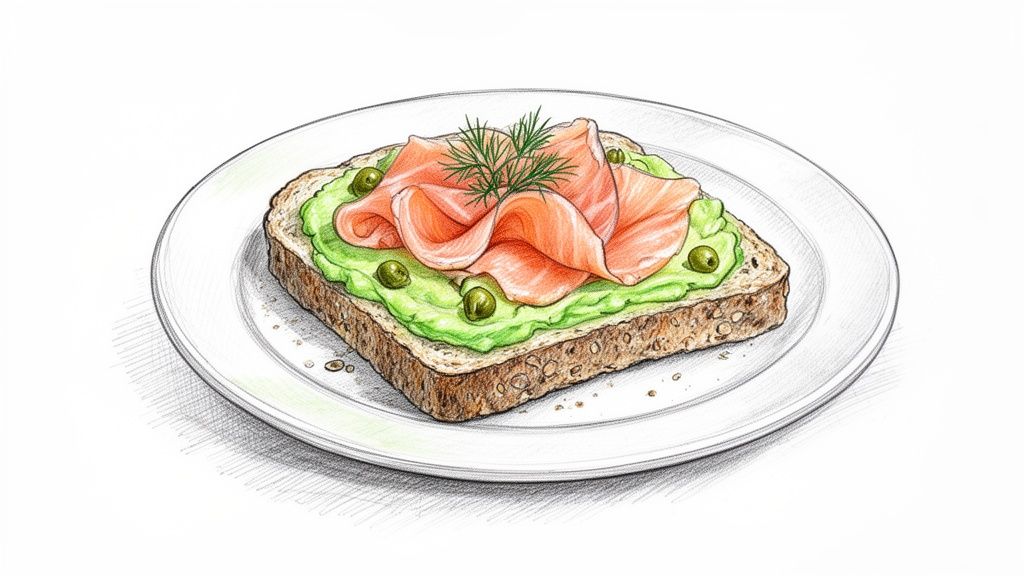 A hand-drawn illustration of avocado toast with smoked salmon, fresh dill, and capers on a white plate.