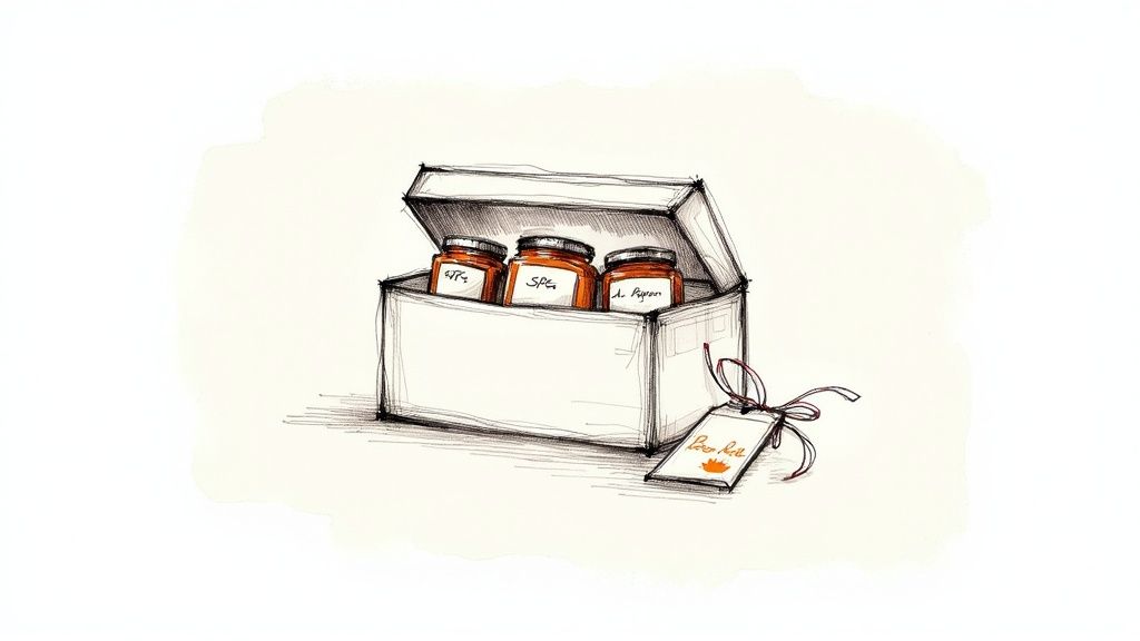 A hand-drawn sketch of an open gift box filled with three labeled jars and a gift tag.