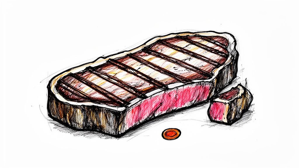 Hand-drawn illustration of a perfectly grilled steak, showing its pink, medium-rare interior and a small cut piece.