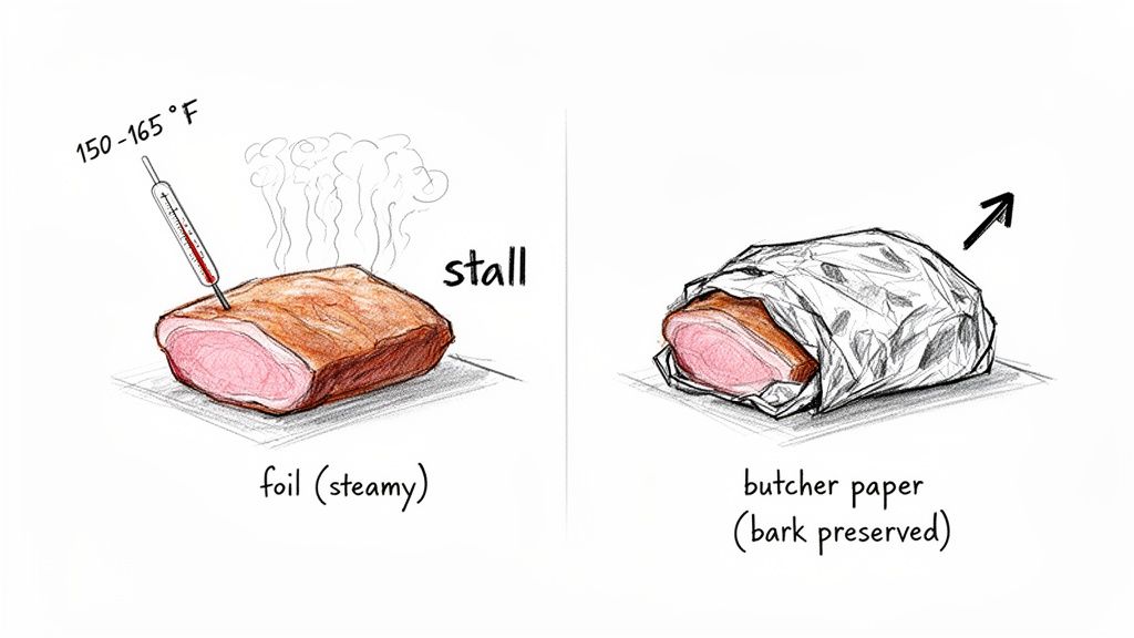 Illustration comparing foil wrap (steamy) versus butcher paper wrap (bark preserved) for smoked meat during stall.