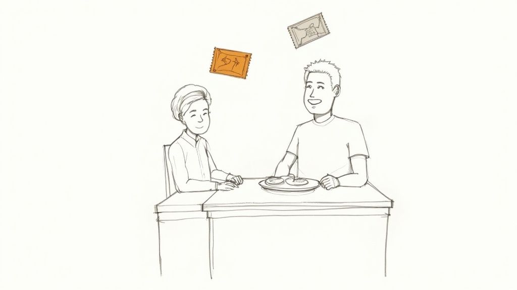 A sketch of two smiling people, a man and a woman, at a table with food, and two floating stamps.