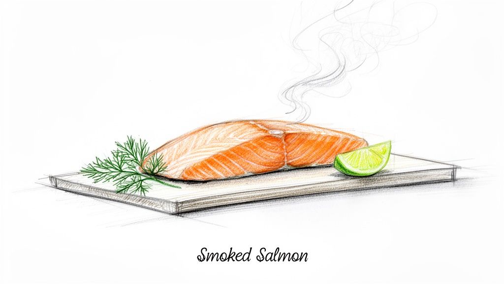 Illustration of smoked salmon steak with fresh dill, lime wedge, and subtle steam on a board.
