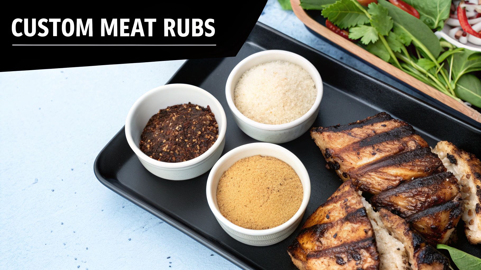 A hand generously sprinkling a dark red BBQ rub over a rack of raw pork ribs on a wooden board.