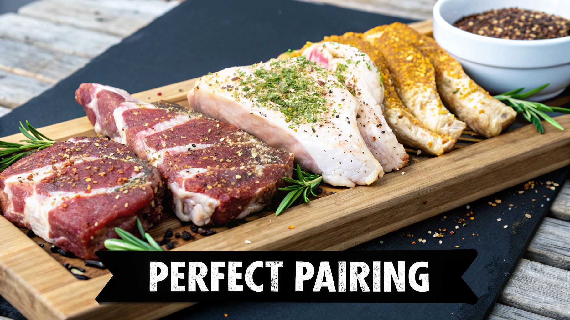 A variety of meat rub seasonings in small bowls, each with a distinct colour and texture, displayed on a rustic wooden surface.