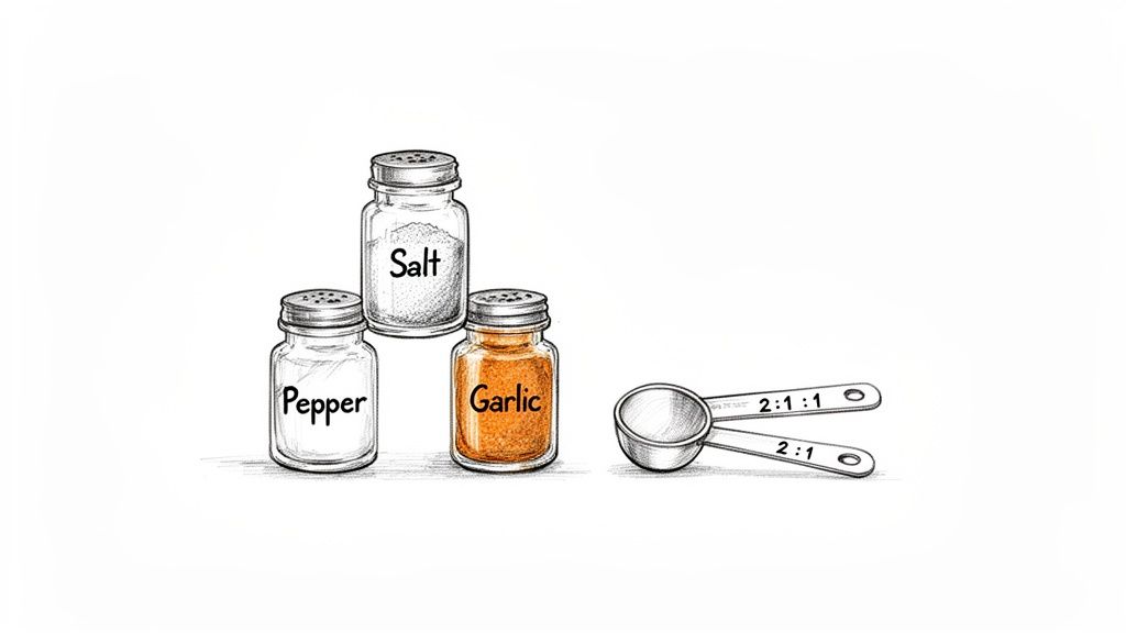 Three spice shakers labeled salt, pepper, and garlic, next to a measuring spoon with a 2:1:1 ratio.