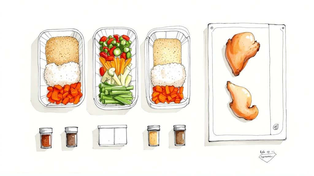 A person meal prepping healthy meals in containers with fresh ingredients.