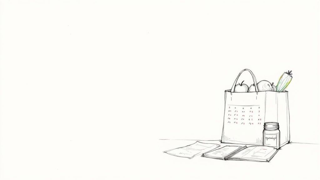 A person writing a healthy meal plan on a notepad with fresh vegetables nearby.