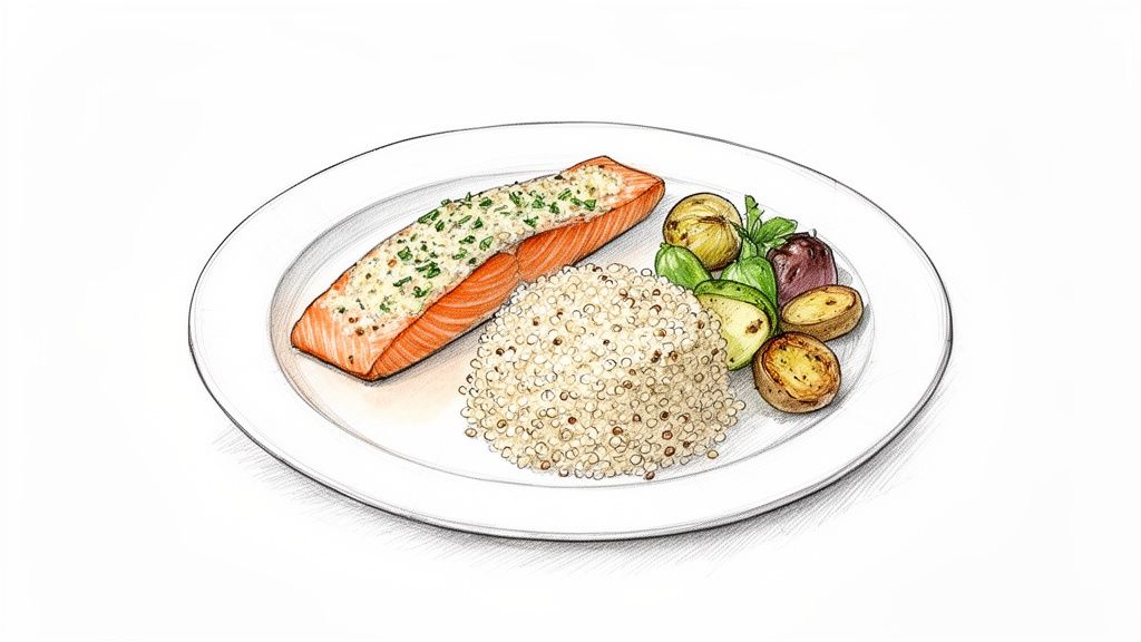 An illustration of a healthy meal on a white plate featuring salmon, quinoa, and roasted vegetables.