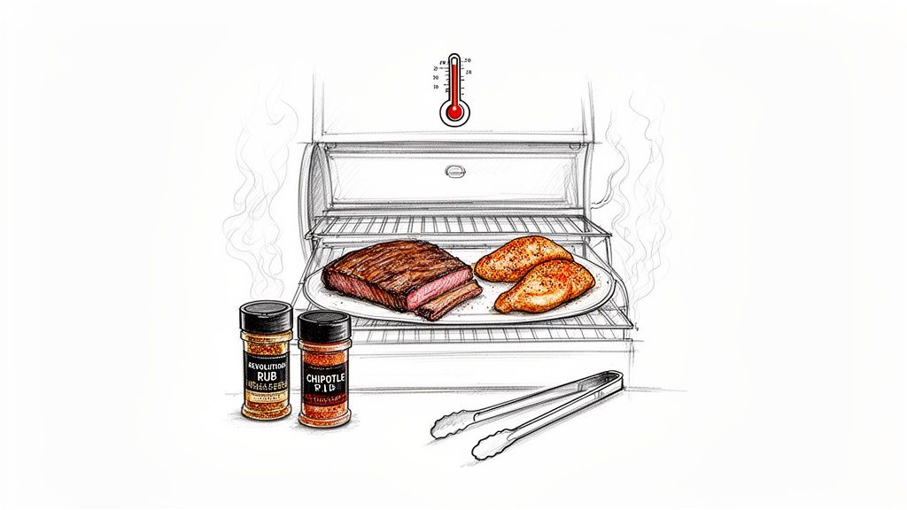 Sketch of a grill cooking steak and chicken, with spice rubs and tongs nearby.