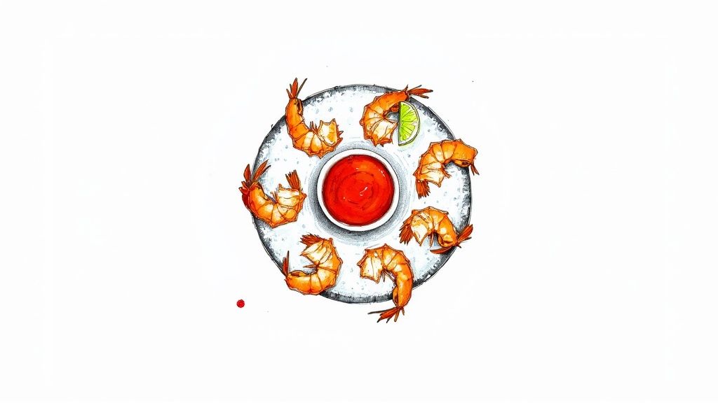 An illustration of a shrimp cocktail platter with bright orange shrimp, red sauce, and a lime wedge.