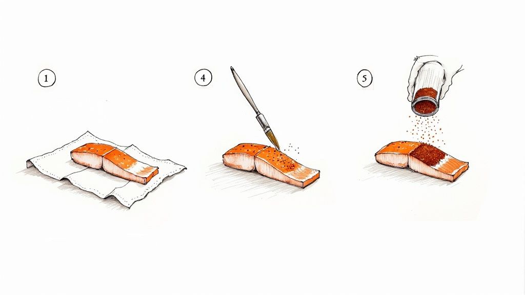 A close-up shot of hands sprinkling spices evenly over a fresh salmon fillet.