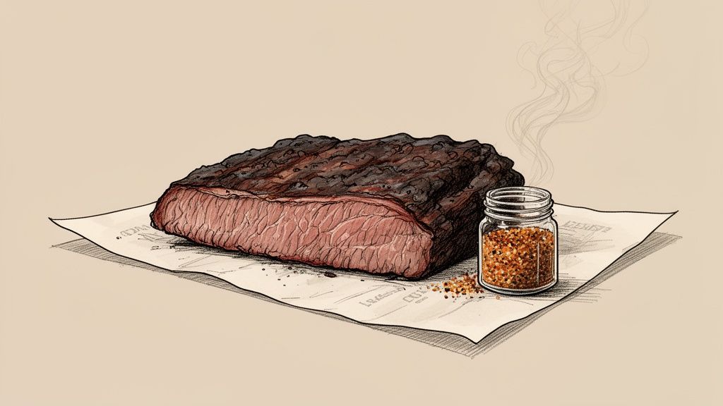 Illustration of a sliced, smoked brisket on paper with a spice jar and wisps of smoke.