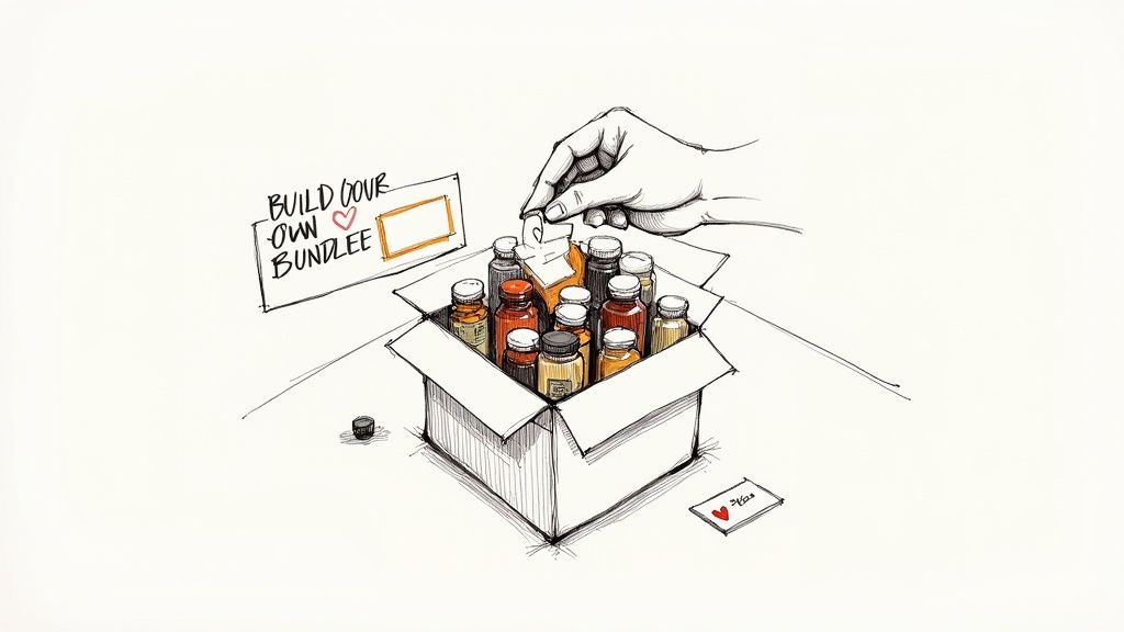 A sketch shows a hand placing a bottle into a box of various bottled products, labeled 'BUILD YOUR OWN BUNDLE'.