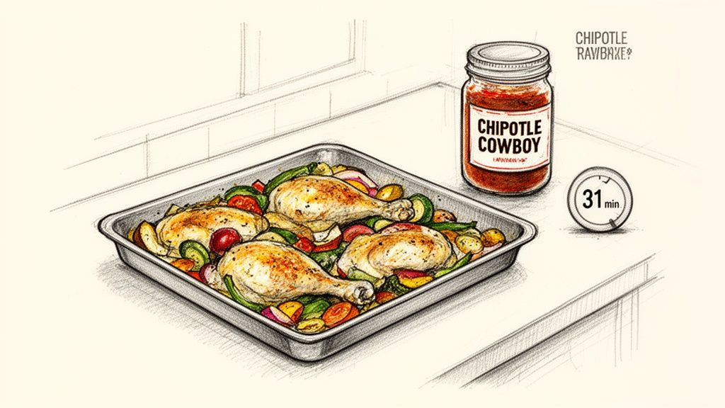 Illustration of a sheet pan meal with roasted chicken, colorful vegetables, Chipotle sauce, and a 31-minute timer.