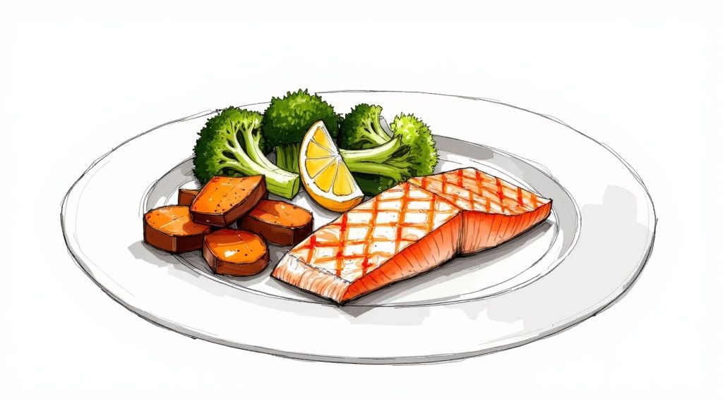 A colorful sketch of a healthy meal featuring grilled salmon, broccoli, sweet potatoes, and a lemon wedge on a white plate.
