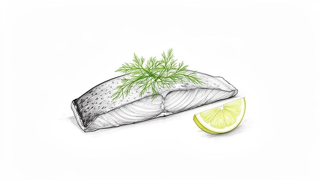An illustrated salmon fillet topped with fresh dill and a lemon wedge on a white background.