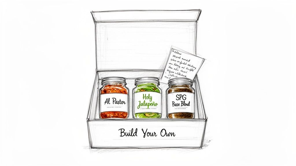 A hand-drawn sketch of a personalized spice gift box with three jars and a recipe card.