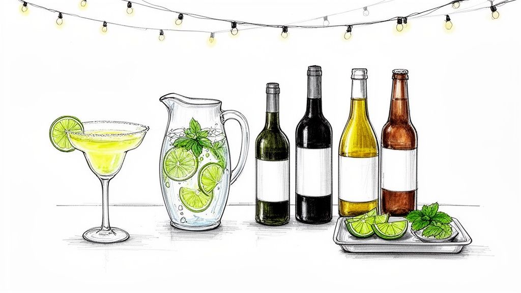 Illustration of party drinks: margarita, pitcher, wine, and beer bottles with garnishes under string lights.