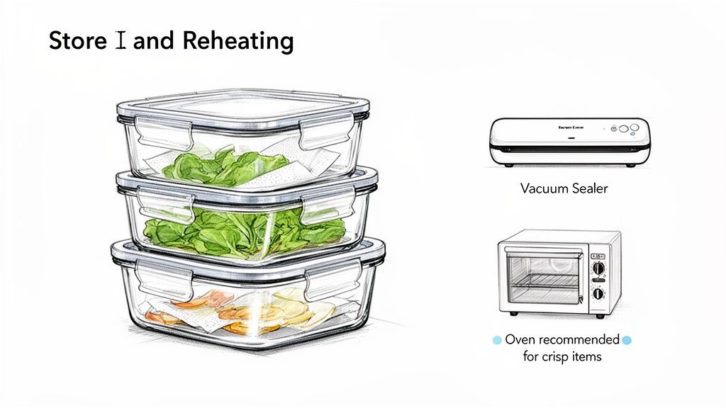 Diagram illustrating food storage containers, a vacuum sealer, and an oven for meal prep and reheating.