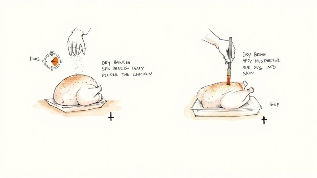 A person's hands evenly applying a barbecue rub to raw chicken pieces on a wooden board.