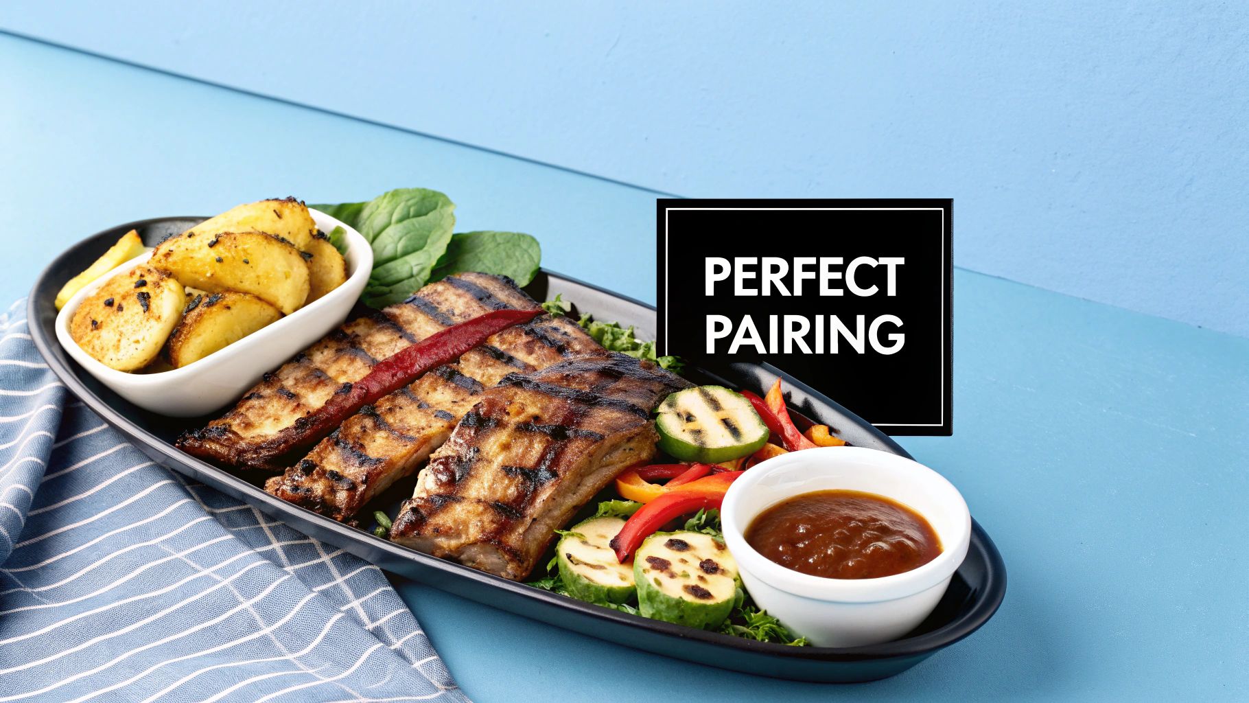 A rack of perfectly glazed ribs sits on a wooden board, glistening under the light, with a small bowl of extra gluten free barbecue sauce on the side.