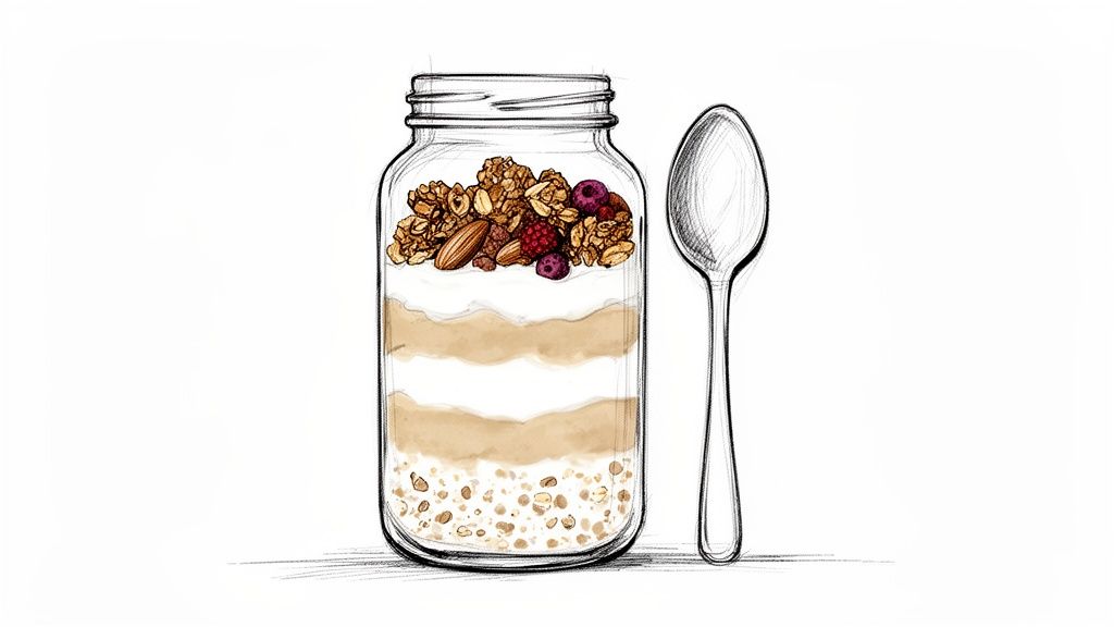 A colorful sketch of layered yogurt parfait with granola, almonds, and raspberries in a glass jar, with a spoon.