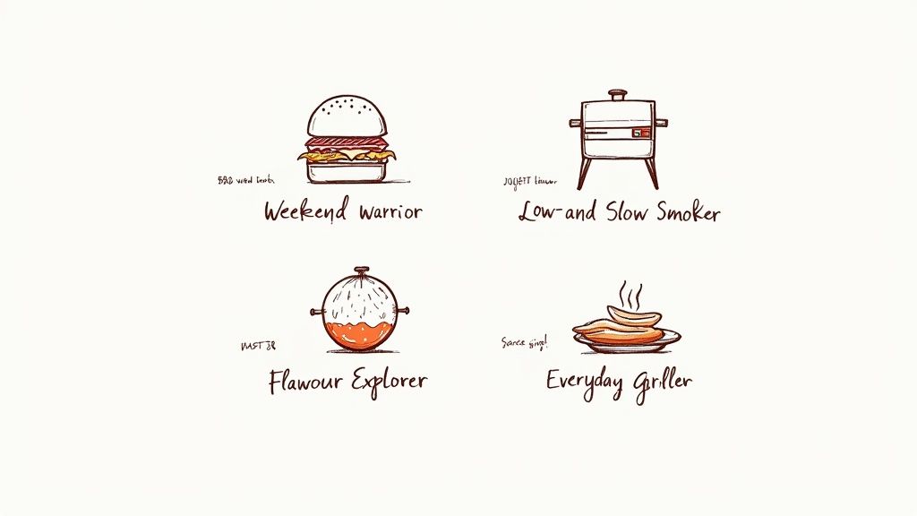 Four cartoon illustrations showing different barbecue styles: burger, smoker, cooker, and grilled hot dogs.