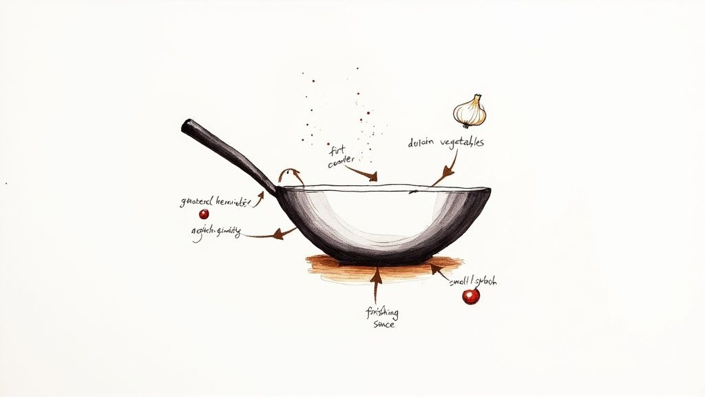 A wok full of colourful stir fry, with visible aromatics like garlic and ginger.