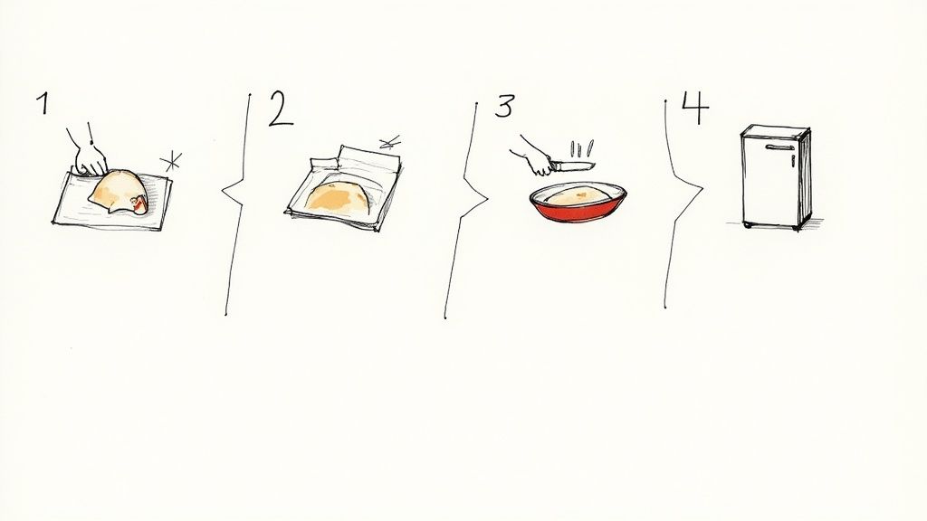 Three chicken breasts in a glass dish being covered with a vibrant marinade.