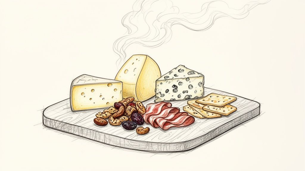 A delightful cheese board with assorted cheeses, nuts, cured meat, and crackers, creating a gourmet spread.