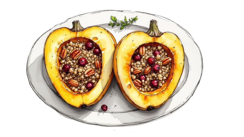 Watercolor illustration of two heart-shaped squash halves filled with grains, cranberries, and pecans on a white plate with an herb sprig.
