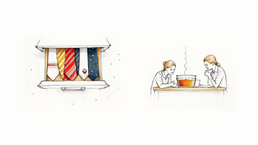 Watercolor sketch featuring five patterned neckties in a rack and two women sharing a steaming meal.