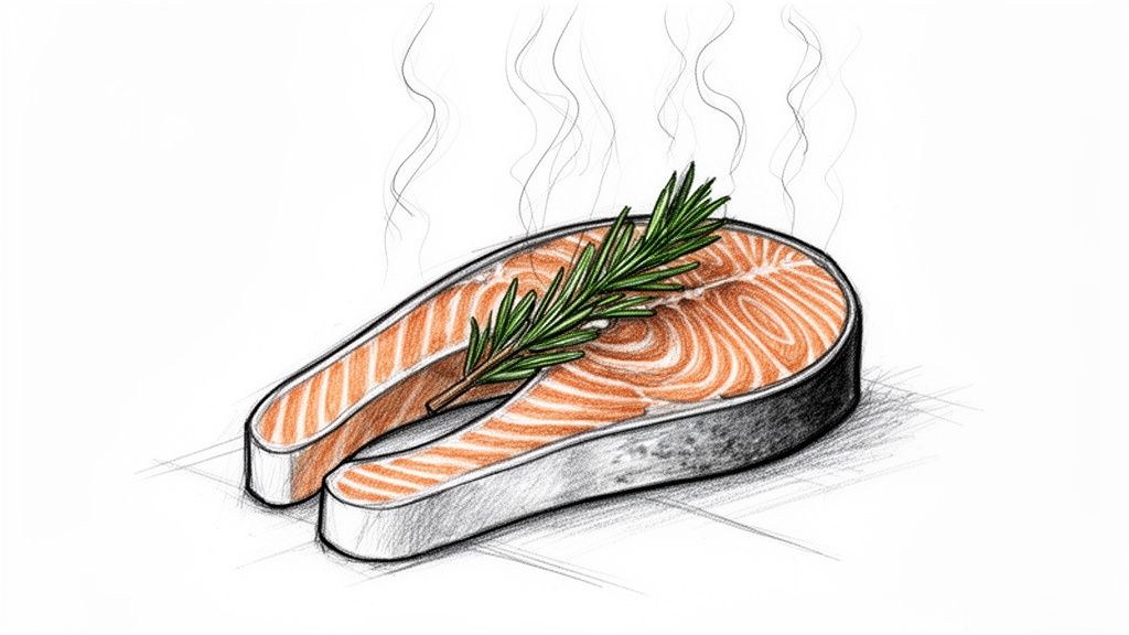 An illustration of a steaming salmon steak garnished with a fresh sprig of rosemary.