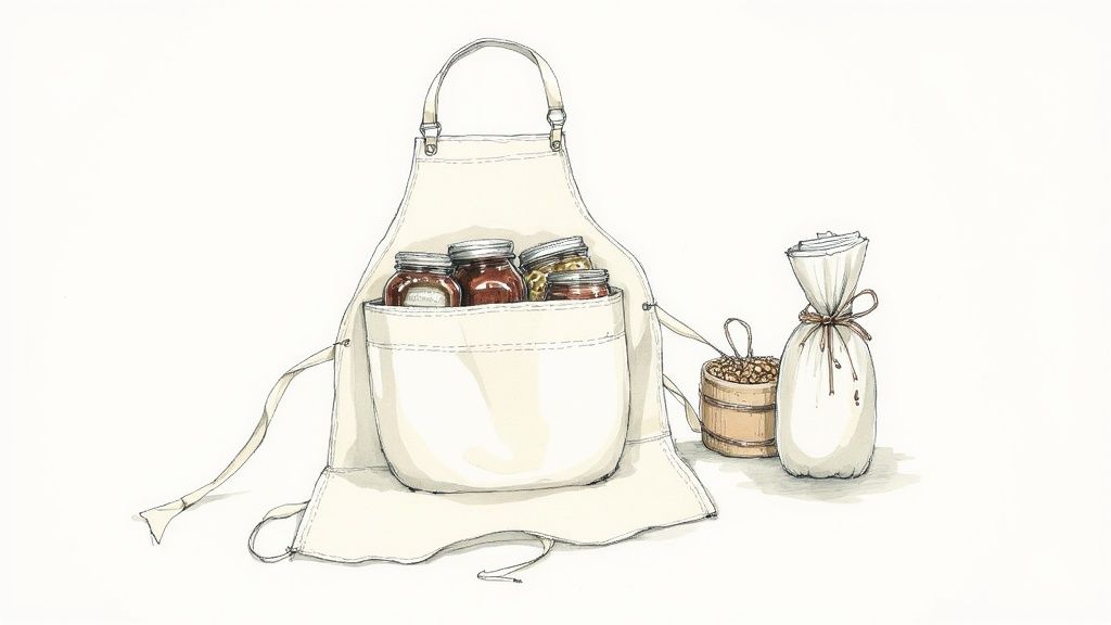 An illustration of a cream-colored apron with four jars in its pocket, a wooden bucket of grains, and a tied fabric bag.