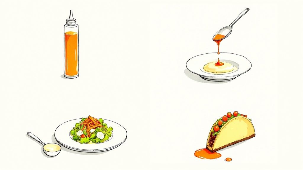 A person drizzling vibrant mango chili sauce over a platter of tacos.