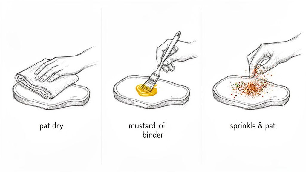 Three steps for preparing meat: patting dry, brushing with mustard oil binder, and applying a spice rub.