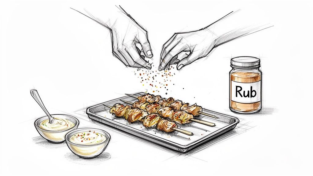 Hands sprinkle spice rub over chicken and vegetable skewers on a tray, with sauces.